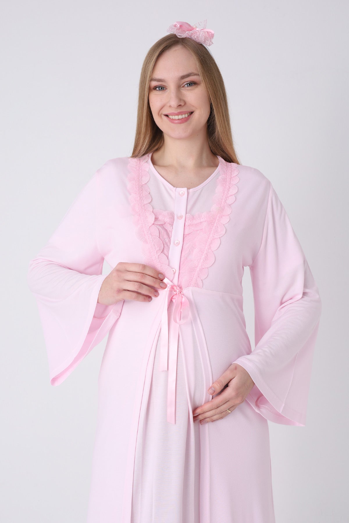 Floral Lace Collar Maternity-Nursing Nightgown & Robe Set Pink - 2324