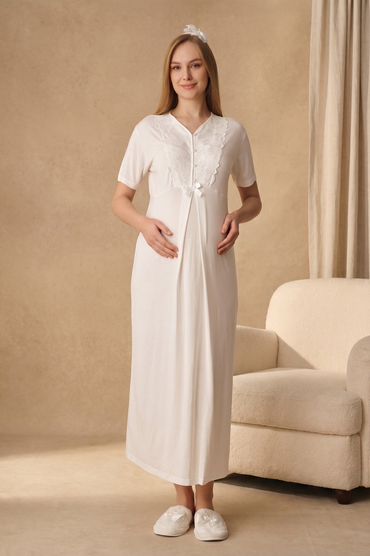 Flower Lace Collar Maternity-Nursing Nightgown & Flower Lace Sleeve Robe Set Ecru - 2325