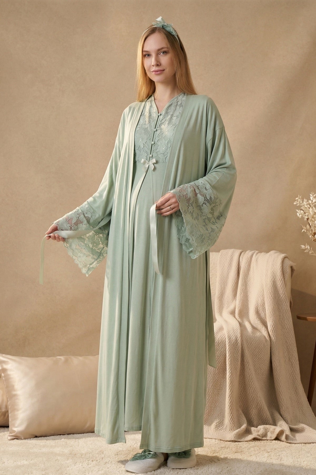 Flower Lace Collar Maternity-Nursing Nightgown & Flower Lace Sleeve Robe Set Green - 2325