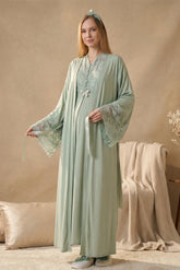 Flower Lace Collar Maternity-Nursing Nightgown & Flower Lace Sleeve Robe Set Green - 2325