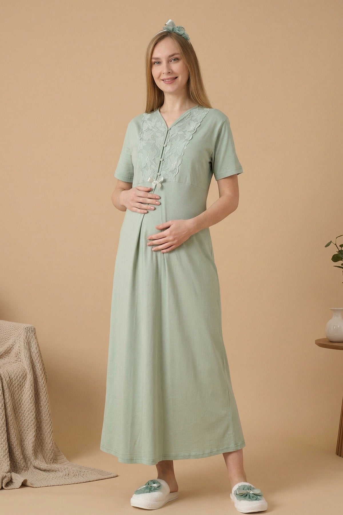 Flower Lace Collar Maternity-Nursing Nightgown & Flower Lace Sleeve Robe Set Green - 2325