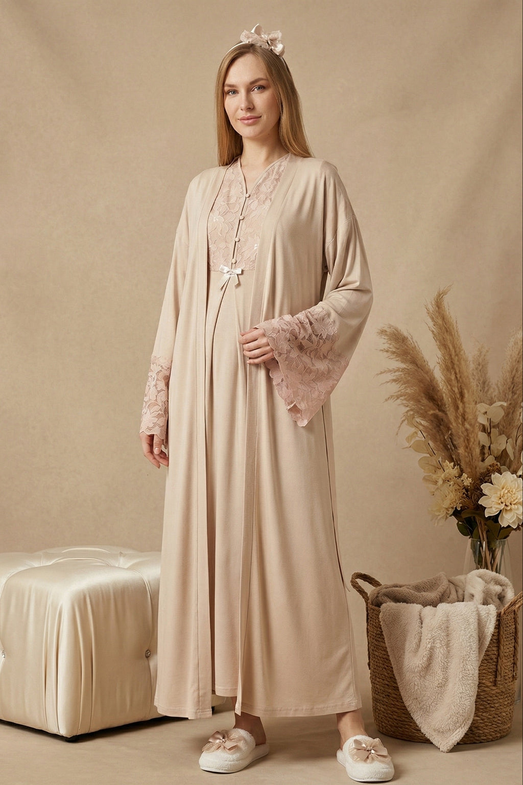 Flower Lace Collar Maternity-Nursing Nightgown & Flower Lace Sleeve Robe Set Mink - 2325