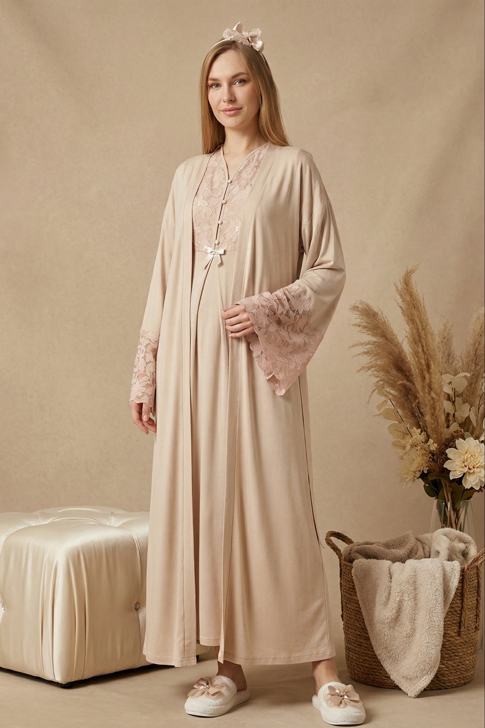 Flower Lace Collar Maternity-Nursing Nightgown & Flower Lace Sleeve Robe Set Mink - 2325