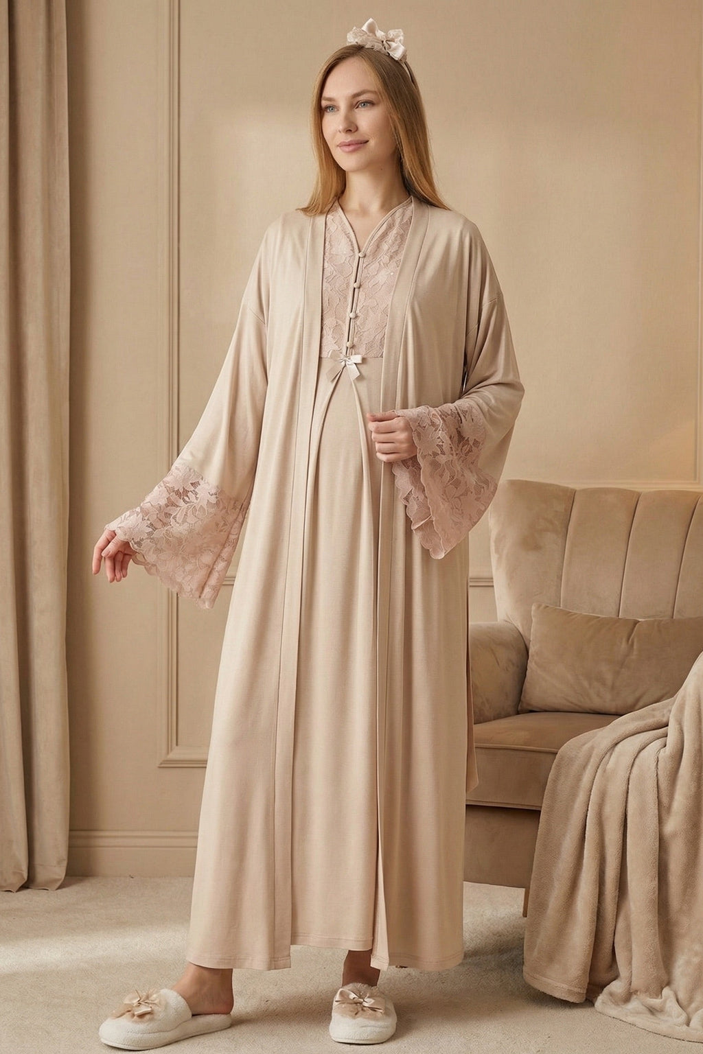 Flower Lace Collar Maternity-Nursing Nightgown & Flower Lace Sleeve Robe Set Mink - 2325