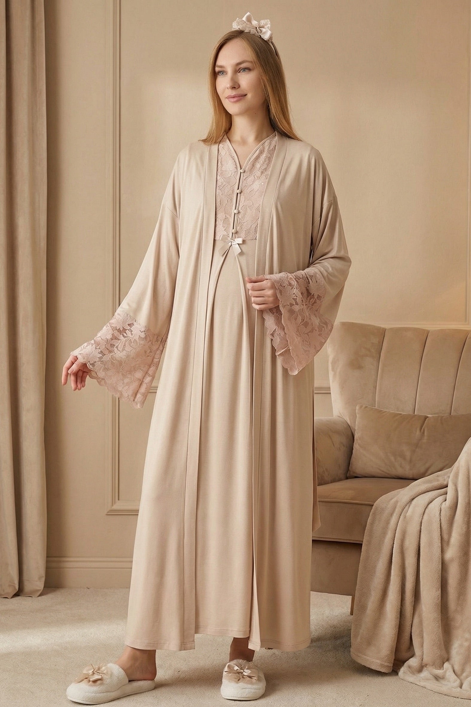 Flower Lace Collar Maternity-Nursing Nightgown & Flower Lace Sleeve Robe Set Mink - 2325
