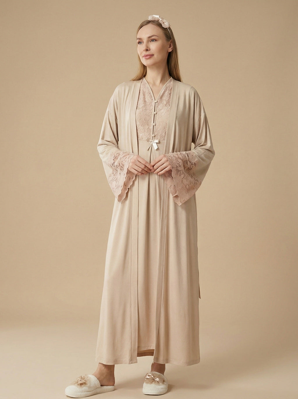 Flower Lace Collar Maternity-Nursing Nightgown & Flower Lace Sleeve Robe Set Mink - 2325