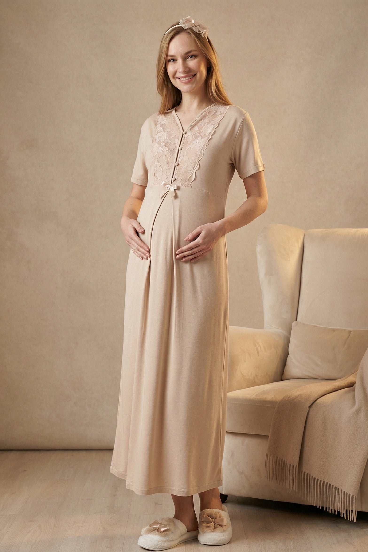 Flower Lace Collar Maternity-Nursing Nightgown & Flower Lace Sleeve Robe Set Mink - 2325