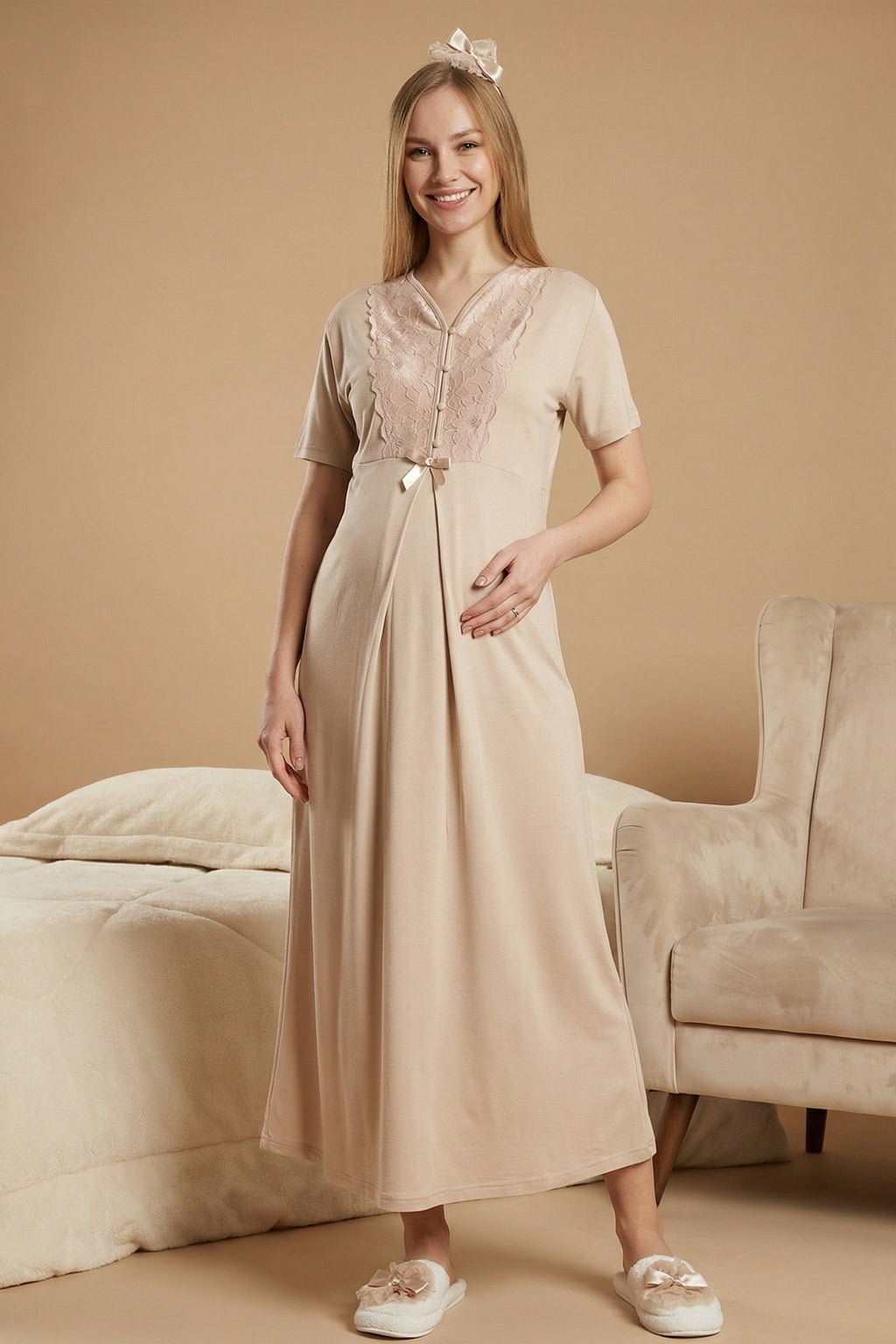 Flower Lace Collar Maternity-Nursing Nightgown & Flower Lace Sleeve Robe Set Mink - 2325