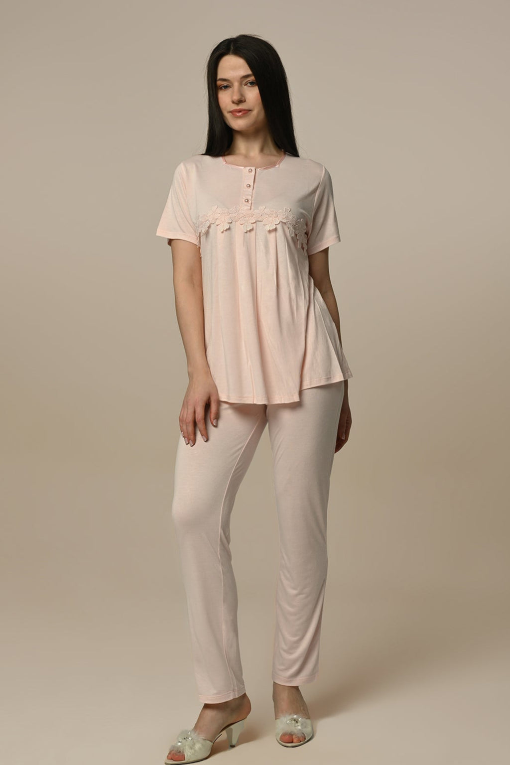 Lace Embossed Maternity Feeding-Friendly Pajama Set - N23255