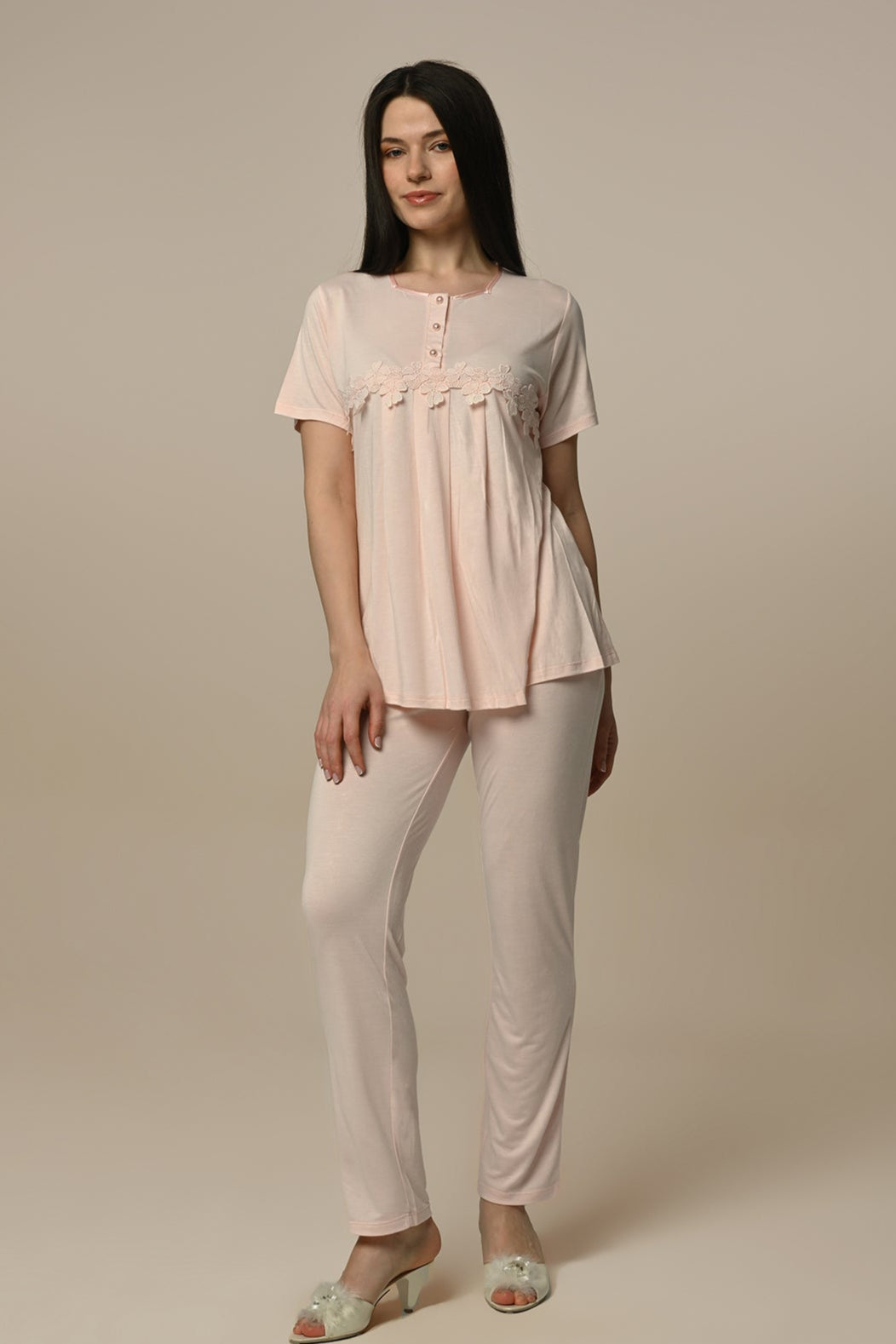Lace Embossed Maternity Feeding-Friendly Pajama Set - N23255