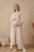 Elegant Lace Detailed Maternity-Nursing Nightgown & Jacquard Robe Set Mink - 2326