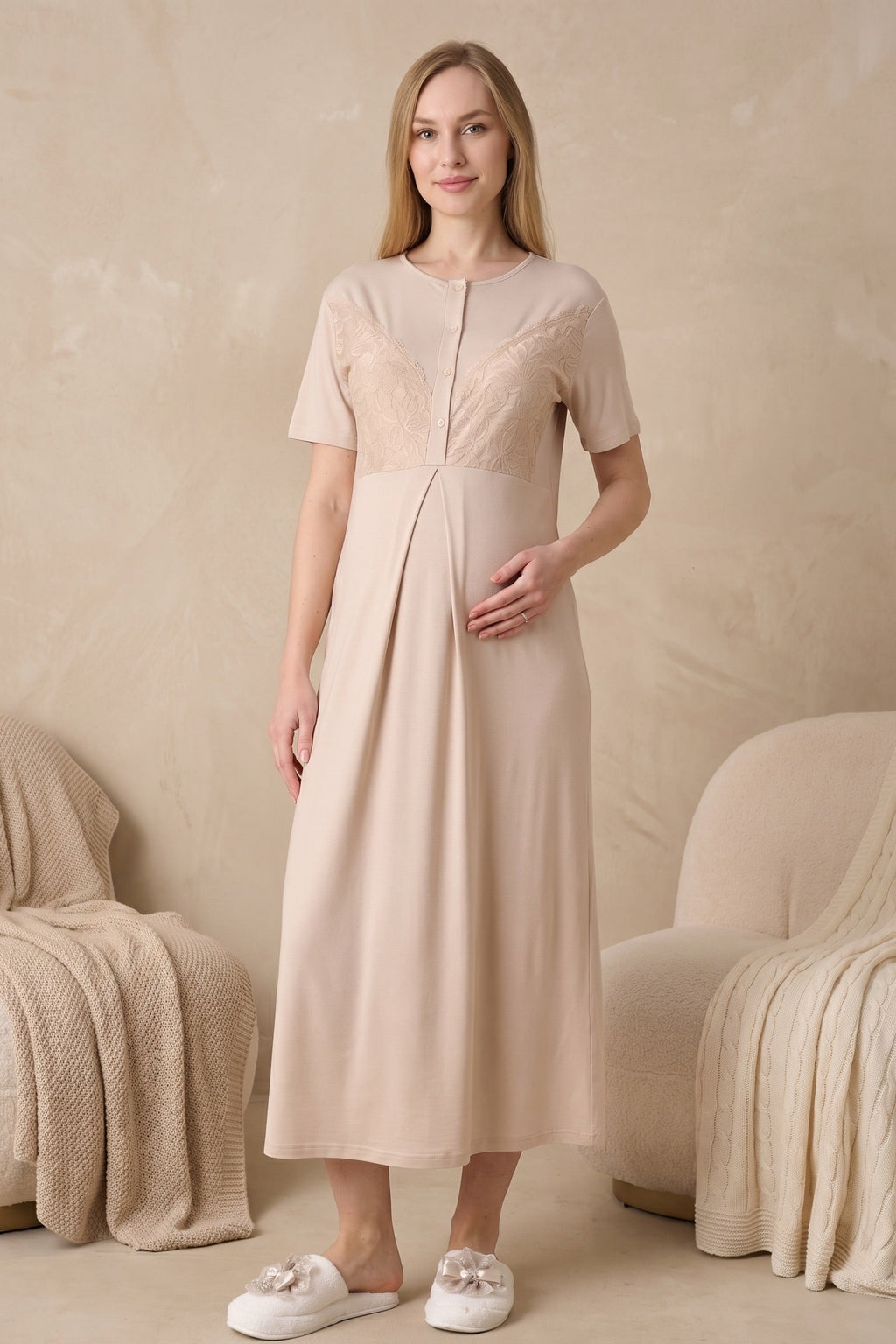 Elegant Lace Detailed Maternity-Nursing Nightgown & Jacquard Robe Set Mink - 2326