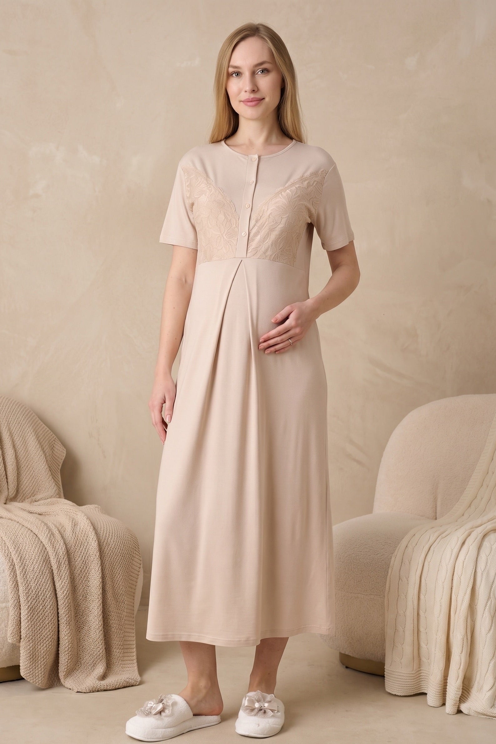 Elegant Lace Detailed Maternity-Nursing Nightgown & Jacquard Robe Set Mink - 2326
