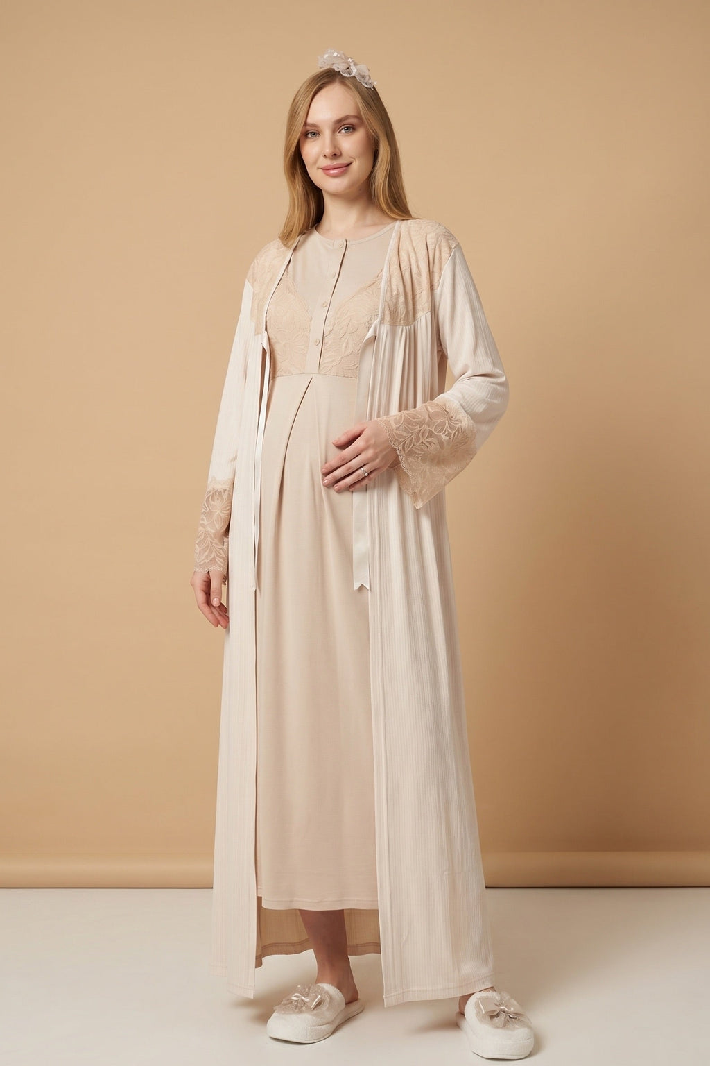 Elegant Lace Detailed Maternity-Nursing Nightgown & Jacquard Robe Set Mink - 2326