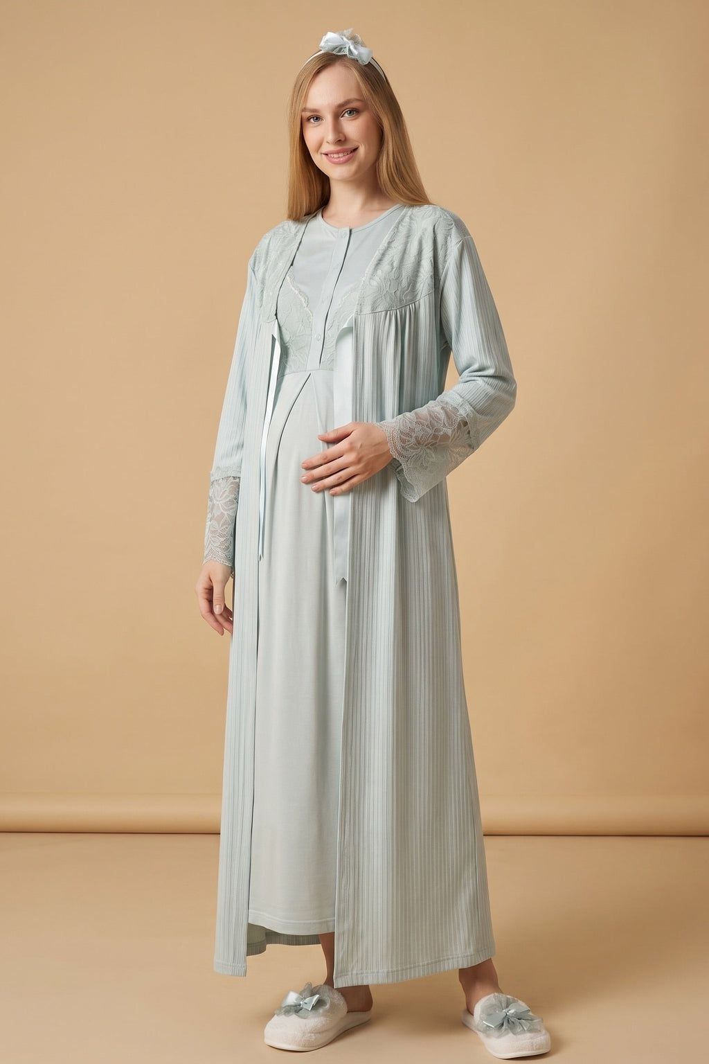 Elegant Lace Detailed Maternity-Nursing Nightgown & Jacquard Robe Set Mint - 2326