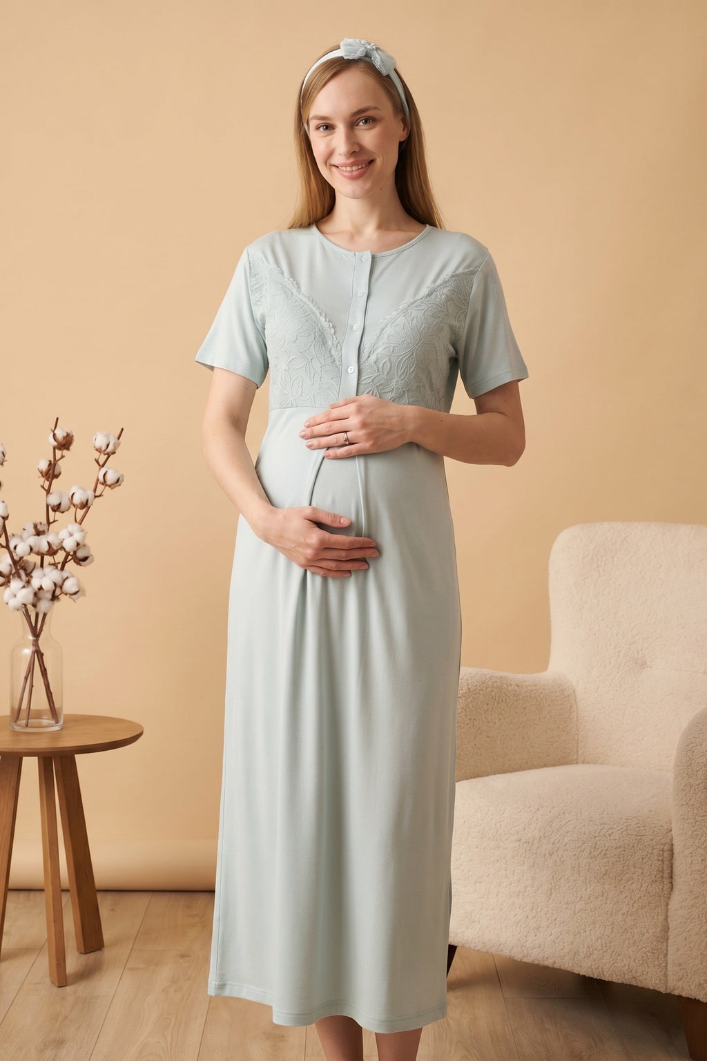 Elegant Lace Detailed Maternity-Nursing Nightgown & Jacquard Robe Set Mint - 2326