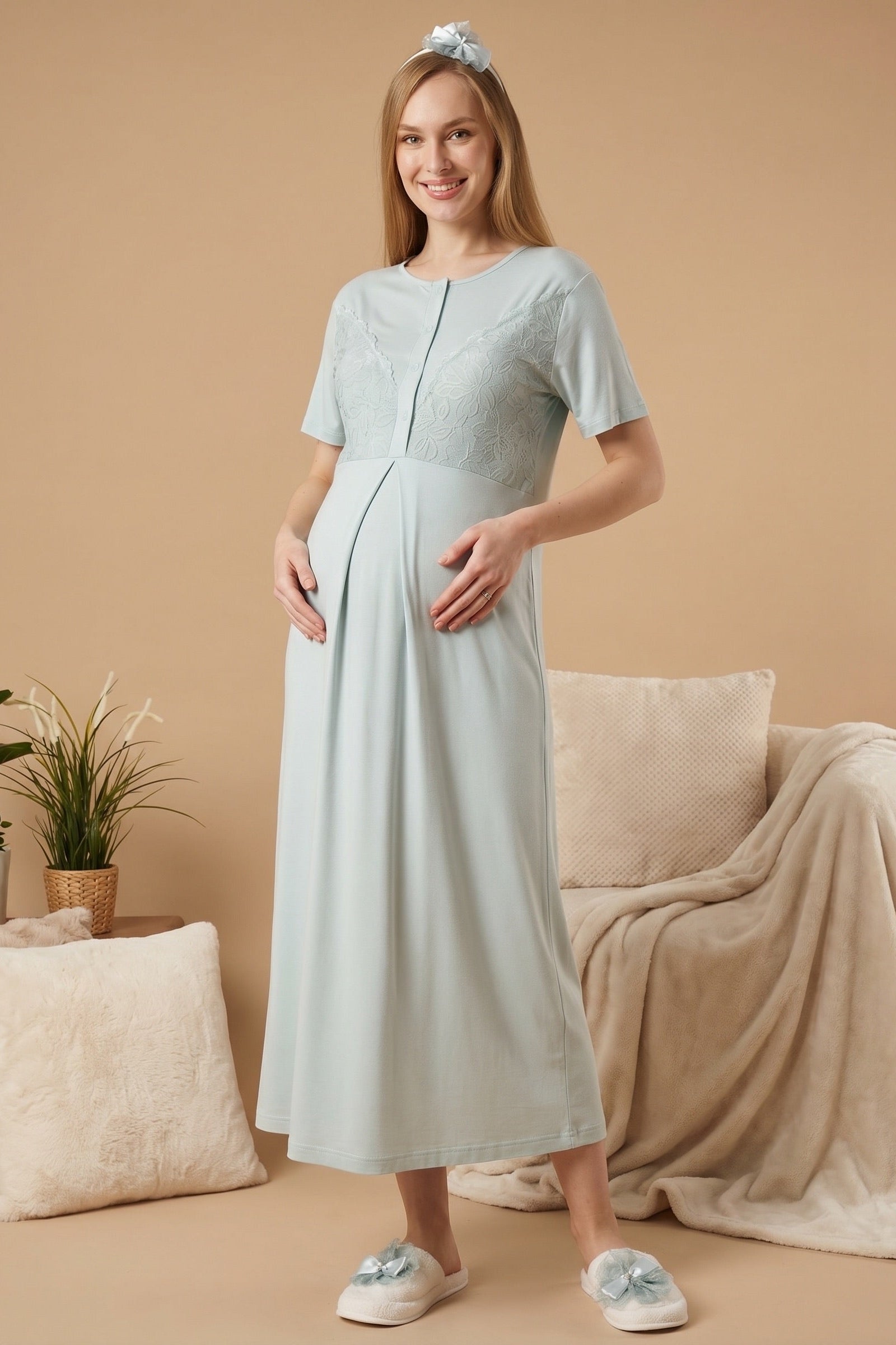 Elegant Lace Detailed Maternity-Nursing Nightgown & Jacquard Robe Set Mint - 2326