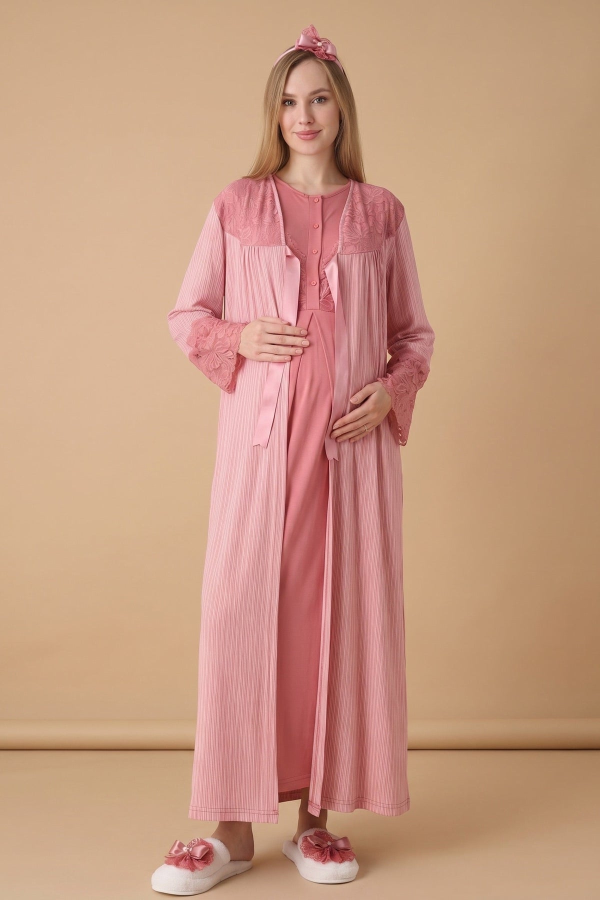 Elegant Lace Detailed Maternity-Nursing Nightgown & Jacquard Robe Set Pomegranate Red - 2326