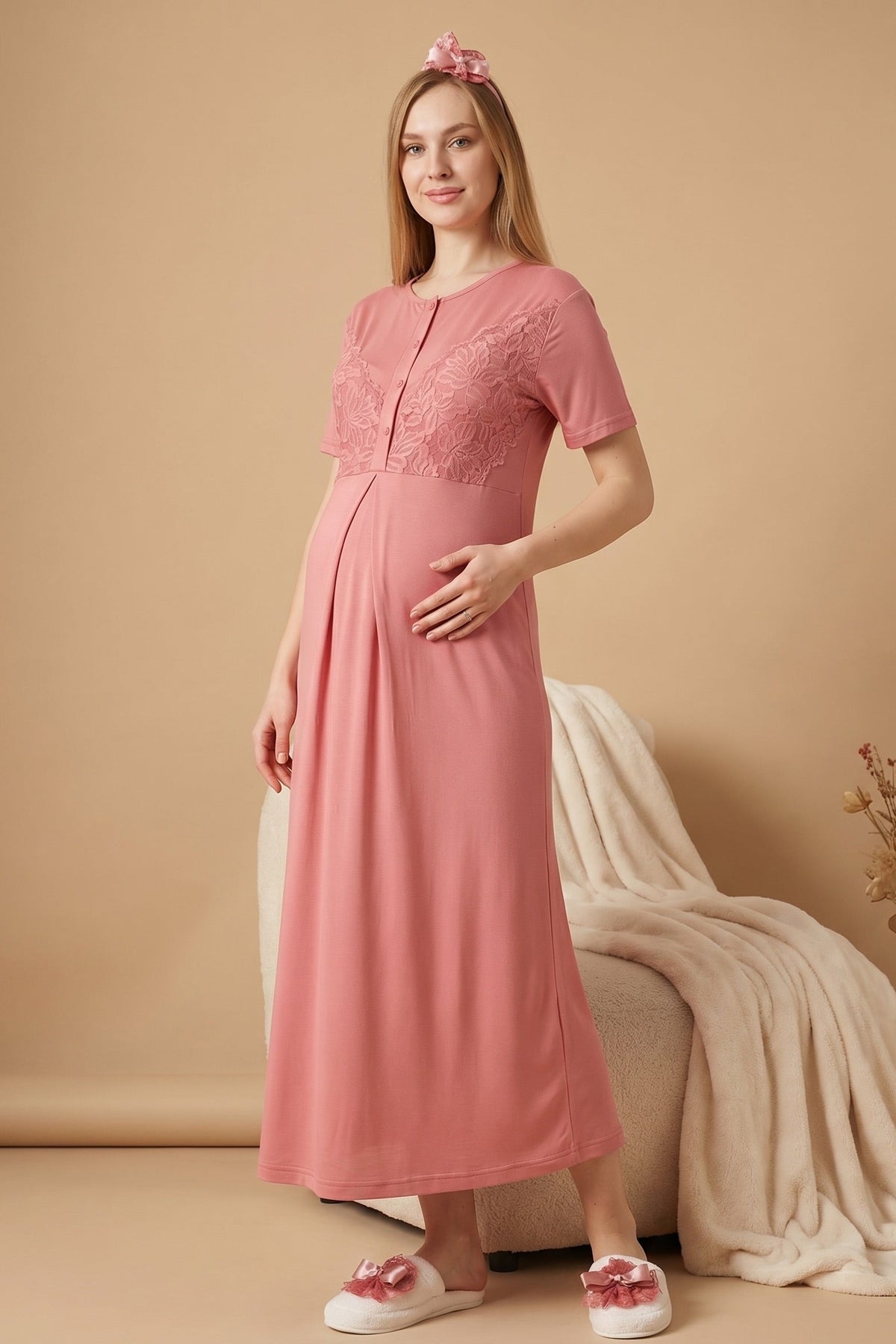 Elegant Lace Detailed Maternity-Nursing Nightgown & Jacquard Robe Set Pomegranate Red - 2326