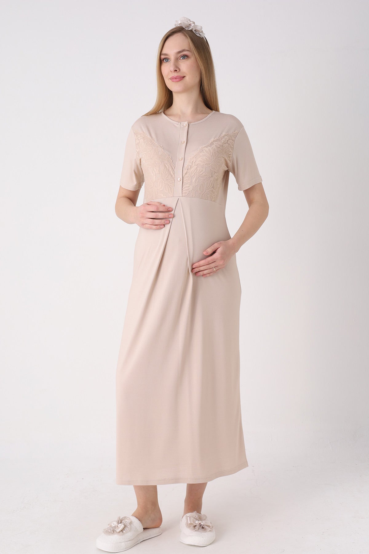 Elegant Lace Detailed Maternity-Nursing Nightgown & Jacquard Robe Set Mink - 2326