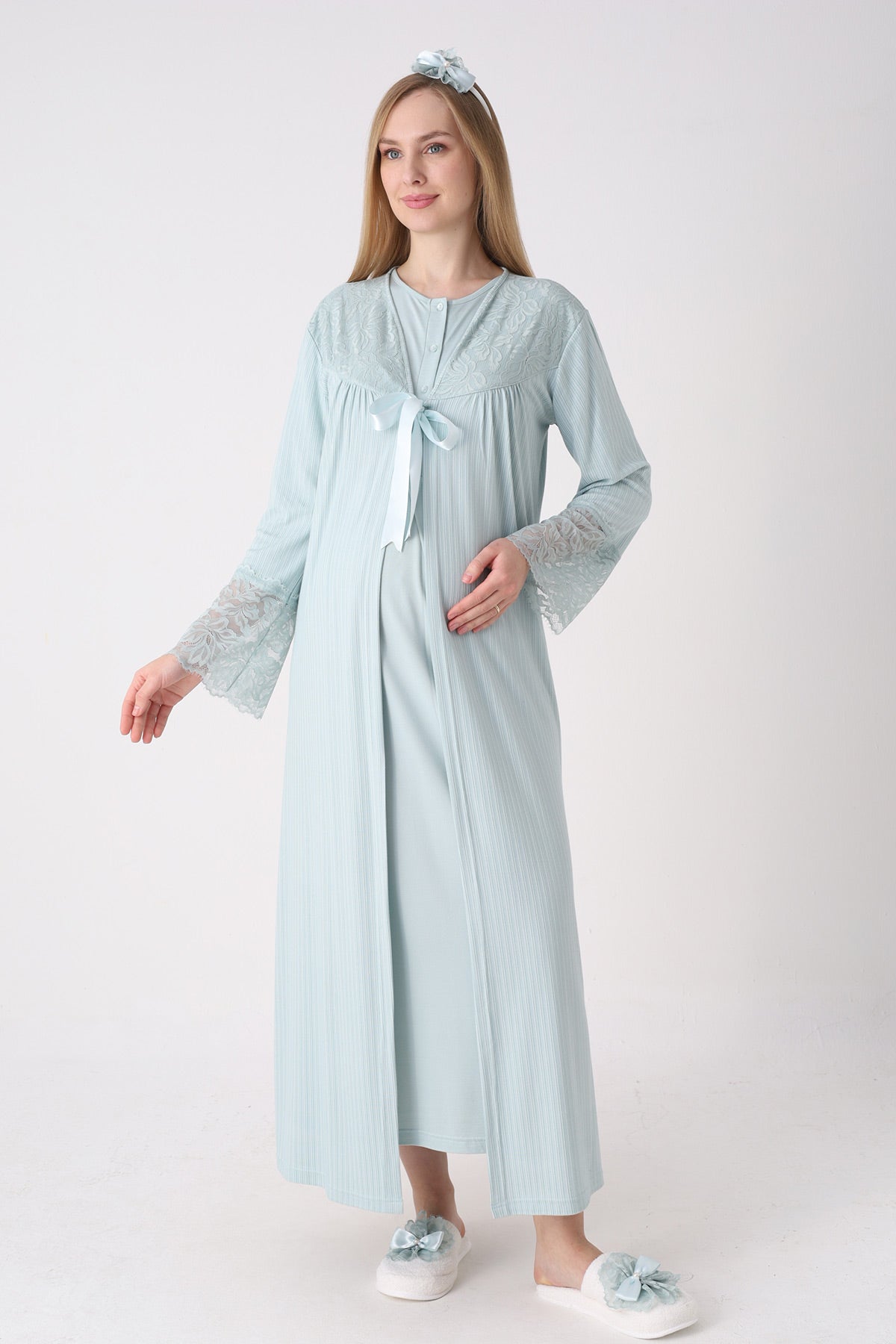 Elegant Lace Detailed Maternity-Nursing Nightgown & Jacquard Robe Set Mint - 2326