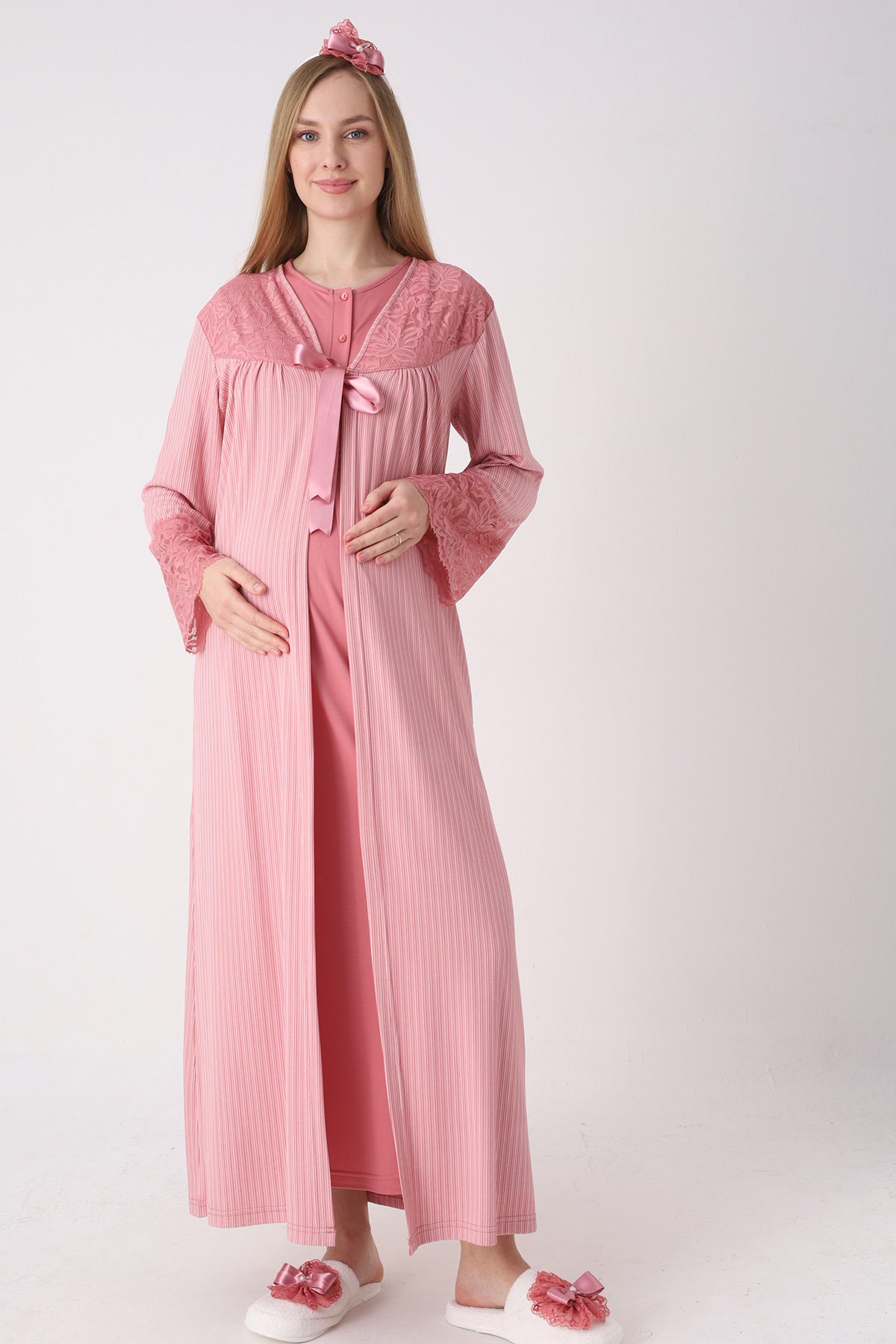 Elegant Lace Detailed Maternity-Nursing Nightgown & Jacquard Robe Set Pomegranate Red - 2326