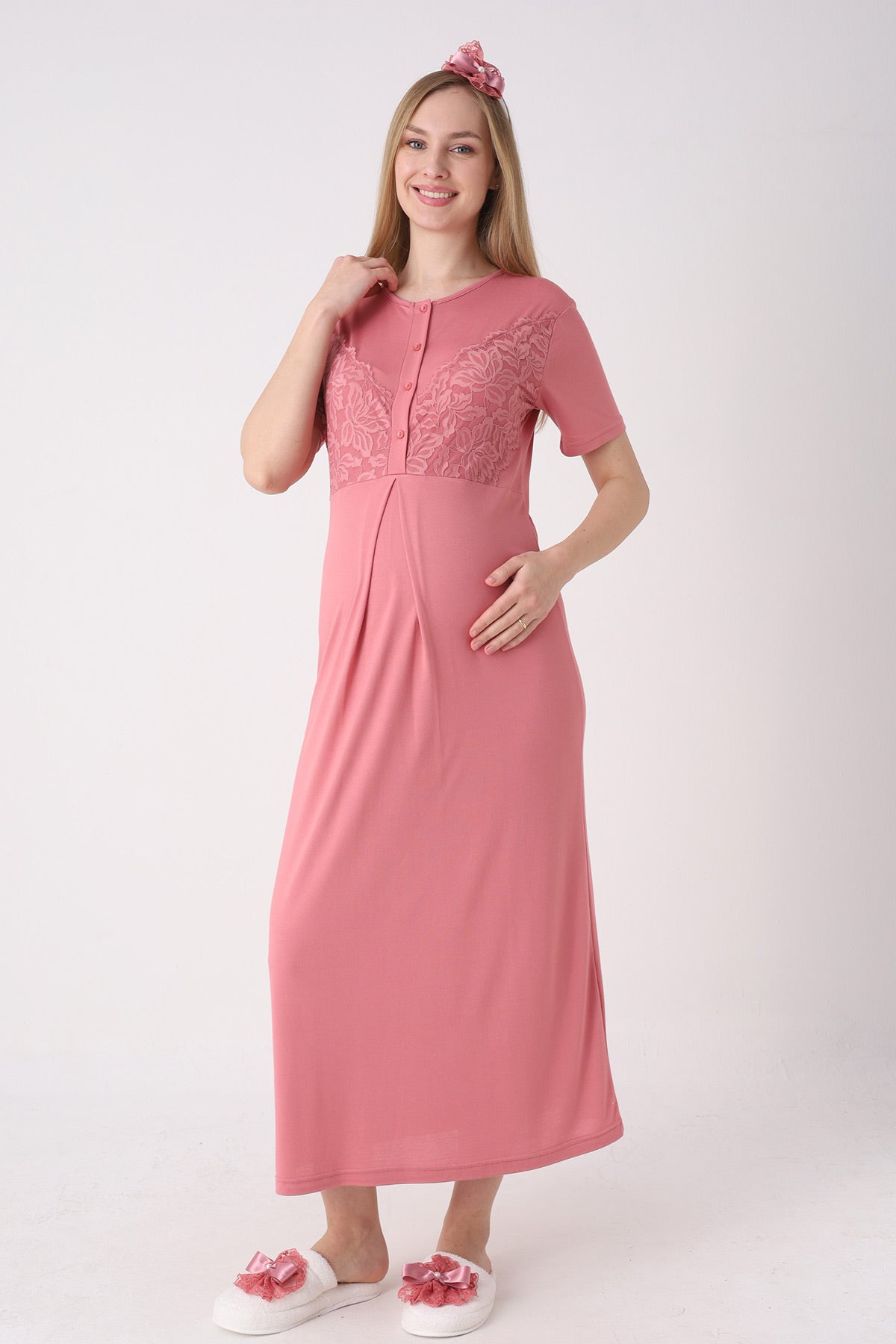 Elegant Lace Detailed Maternity-Nursing Nightgown & Jacquard Robe Set Pomegranate Red - 2326
