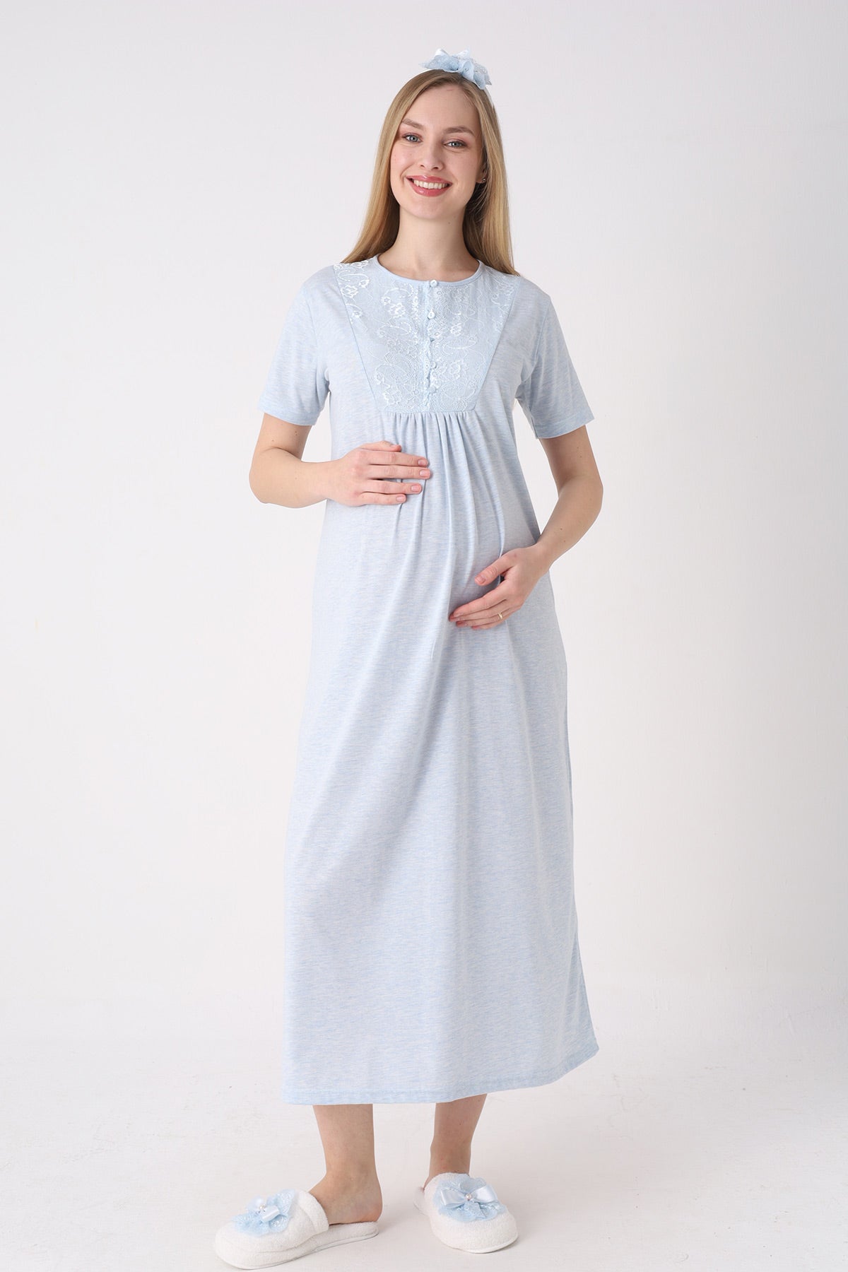 Lace Detailed Maternity-Nursing Nightgown & Floral Patterned Robe Set Blue - 2327