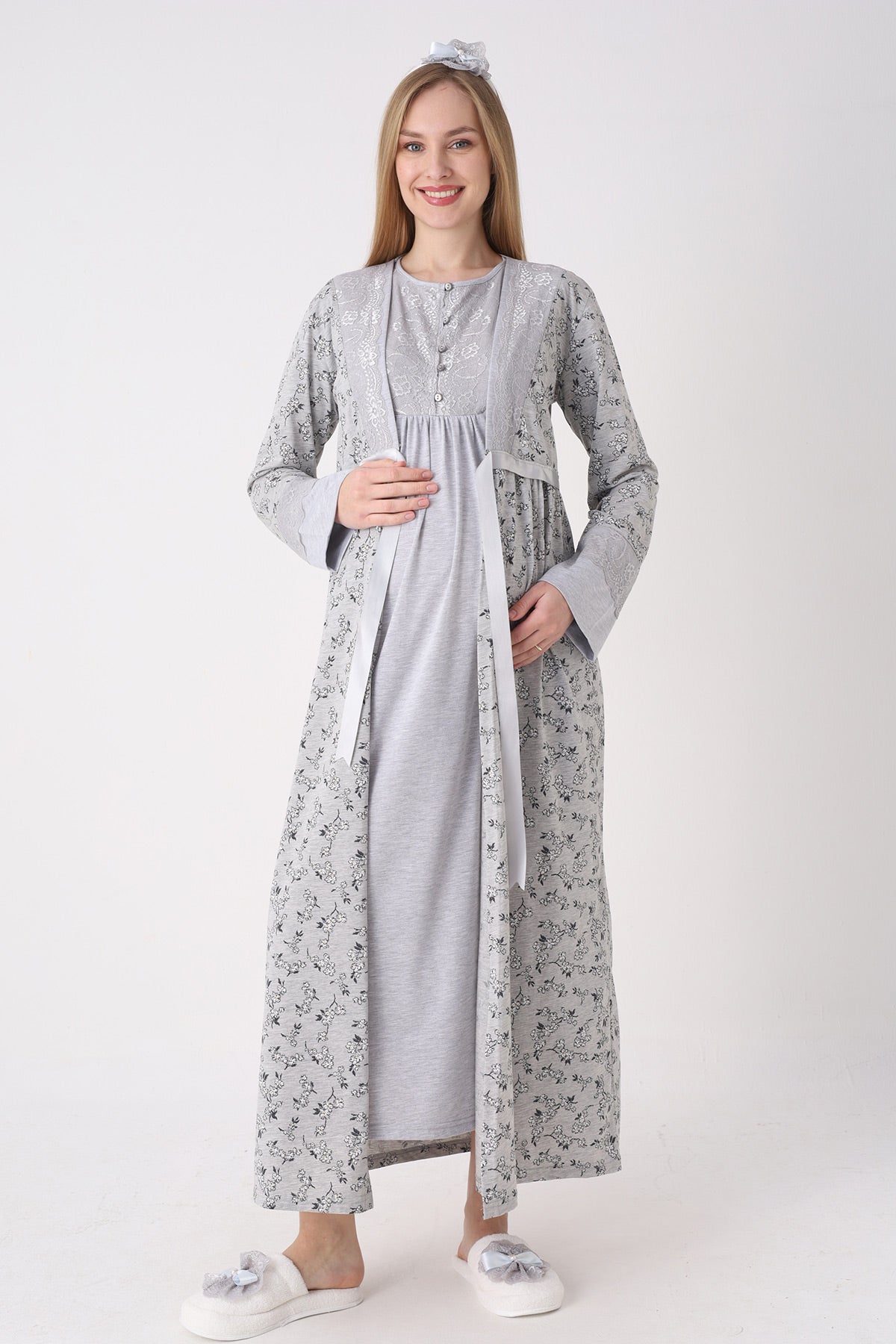 Lace Detailed Maternity-Nursing Nightgown & Floral Patterned Robe Set Grey - 2327