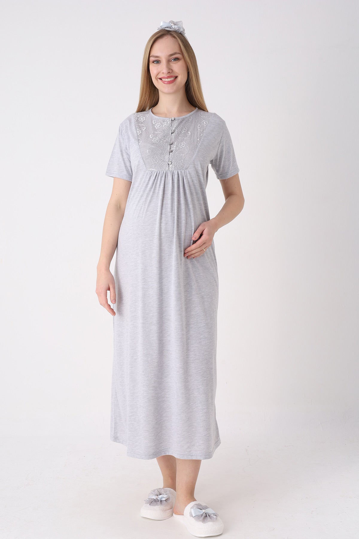 Lace Detailed Maternity-Nursing Nightgown & Floral Patterned Robe Set Grey - 2327