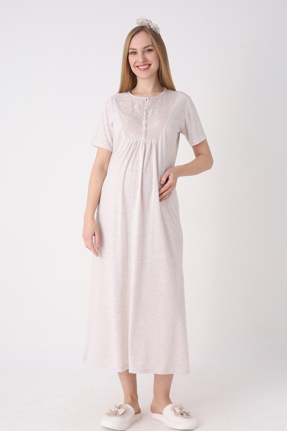 Lace Detailed Maternity-Nursing Nightgown & Floral Patterned Robe Set Mink - 2327
