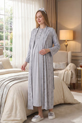 Lace Collar Maternity-Nursing Nightgown & Flower Patterned Robe Set Grey - 2328
