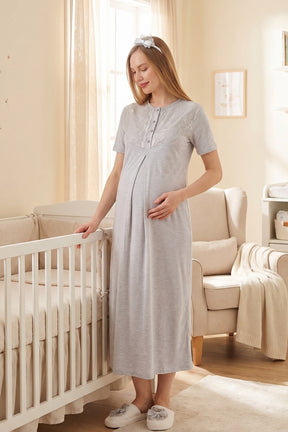 Lace Collar Maternity-Nursing Nightgown & Flower Patterned Robe Set Grey - 2328