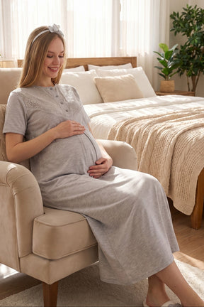 Lace Collar Maternity-Nursing Nightgown & Flower Patterned Robe Set Grey - 2328