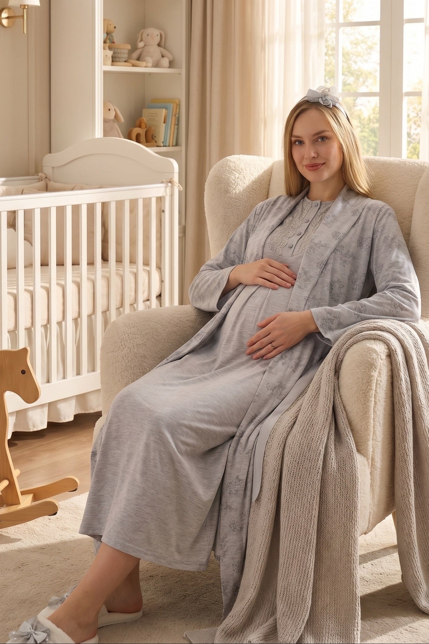 Lace Collar Maternity-Nursing Nightgown & Flower Patterned Robe Set Grey - 2328