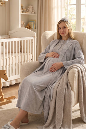 Lace Collar Maternity-Nursing Nightgown & Flower Patterned Robe Set Grey - 2328
