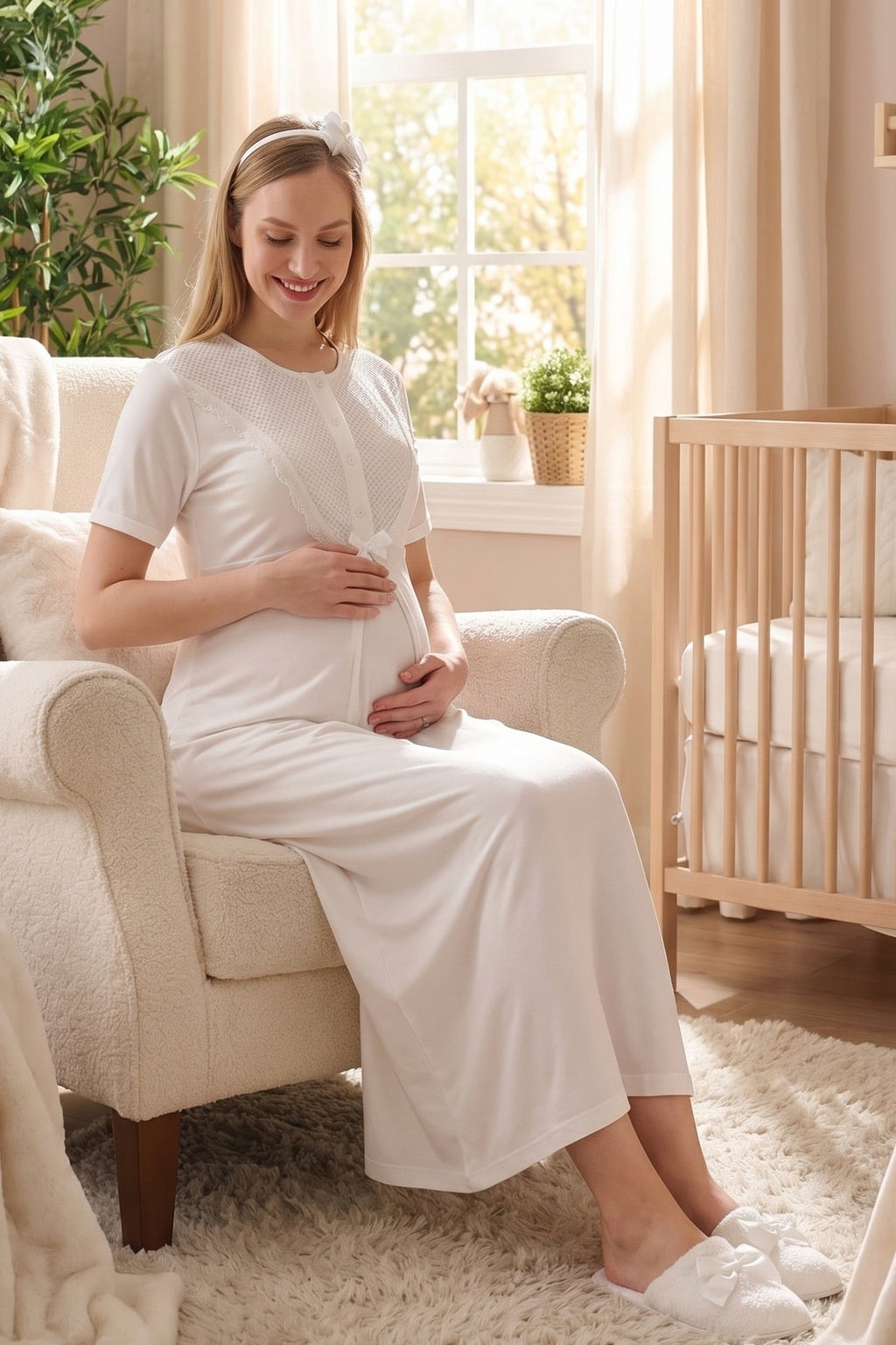 Guipure Collar Maternity-Nursing Nightgown & Patterned Robe Set Ecru - 2329