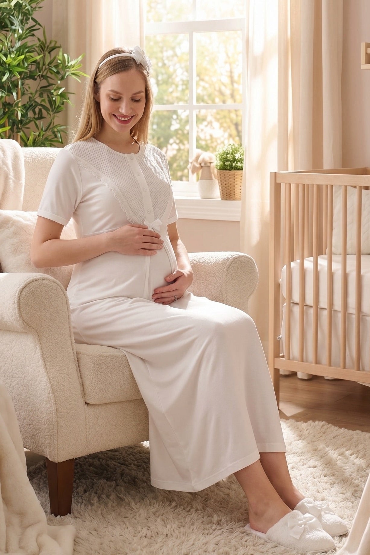 طقم ثوب نوم للحوامل والرضاعة بياقة غيبور ورداء منقوش إكرو - 2329