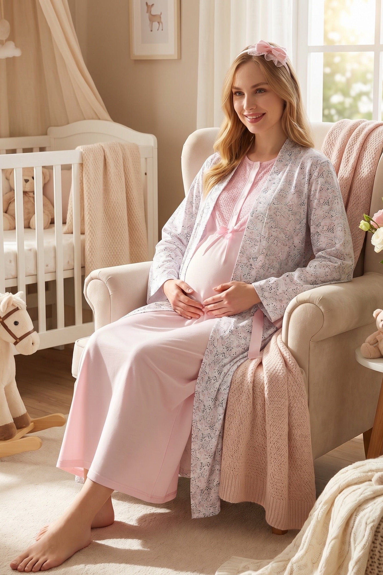Guipure Collar Maternity-Nursing Nightgown & Patterned Robe Set Pink - 2329