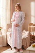 Guipure Collar Maternity-Nursing Nightgown & Patterned Robe Set Pink - 2329