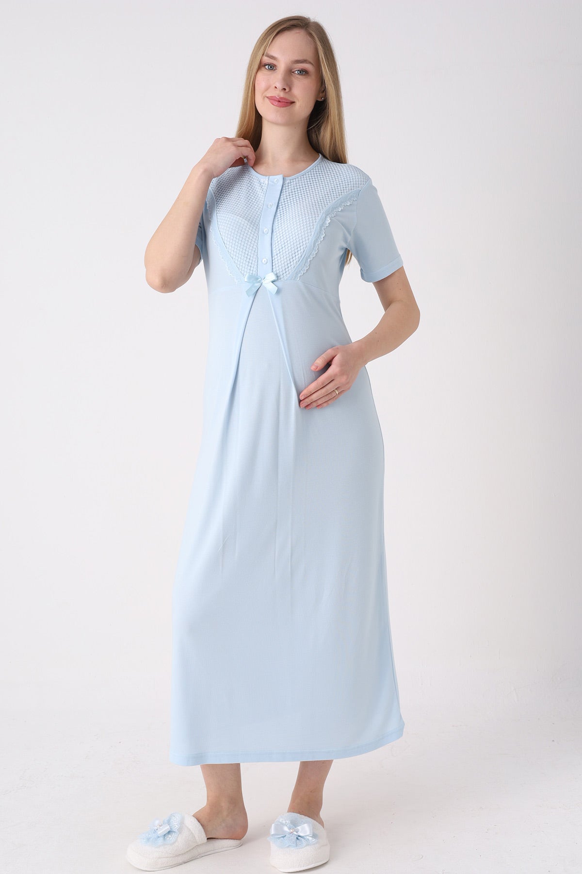 Guipure Collar Maternity-Nursing Nightgown & Patterned Robe Set Blue - 2329