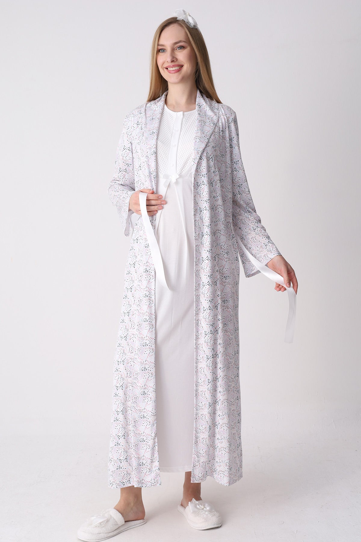 Guipure Collar Maternity-Nursing Nightgown & Patterned Robe Set Ecru - 2329