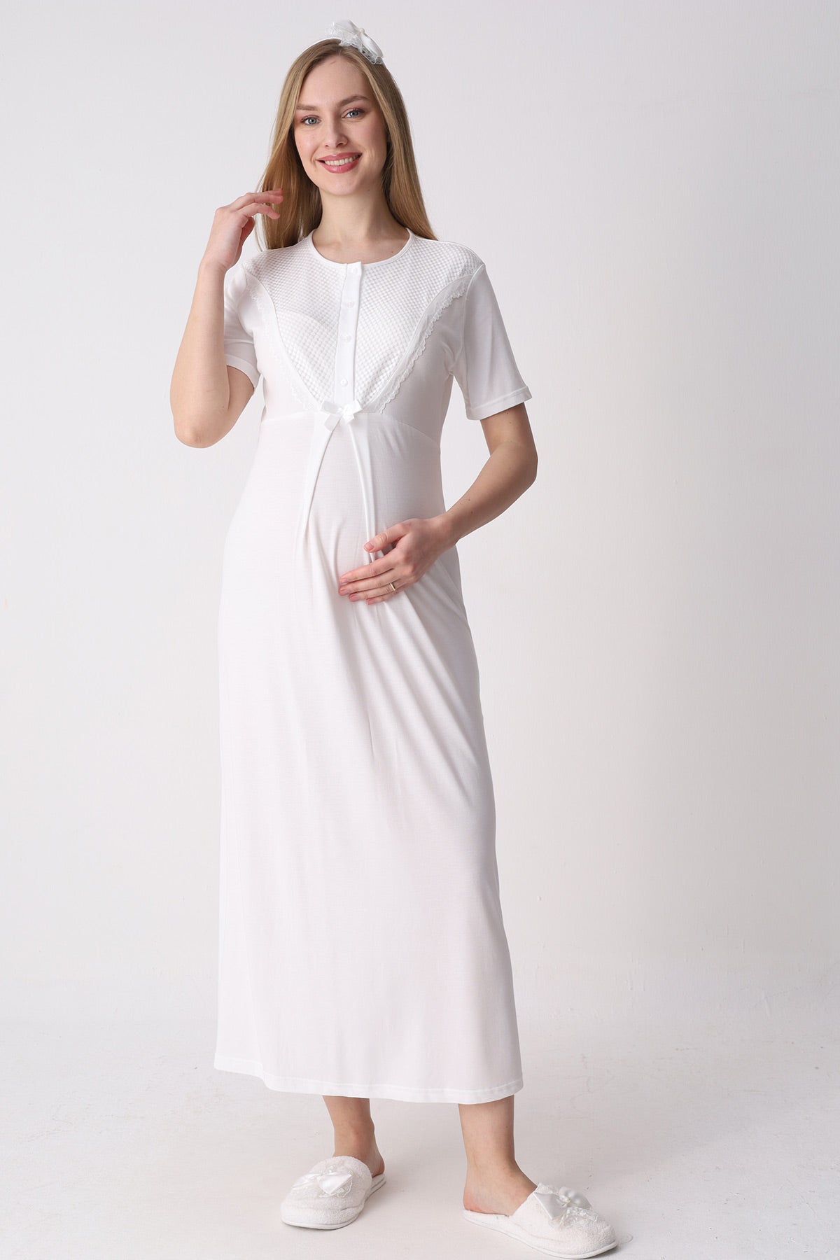 Guipure Collar Maternity-Nursing Nightgown & Patterned Robe Set Ecru - 2329
