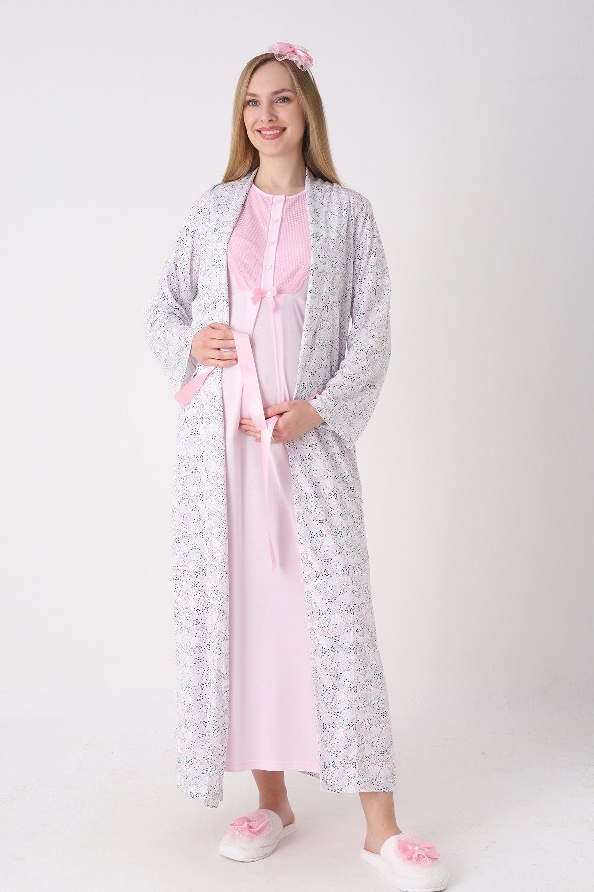 Guipure Collar Maternity-Nursing Nightgown & Patterned Robe Set Pink - 2329