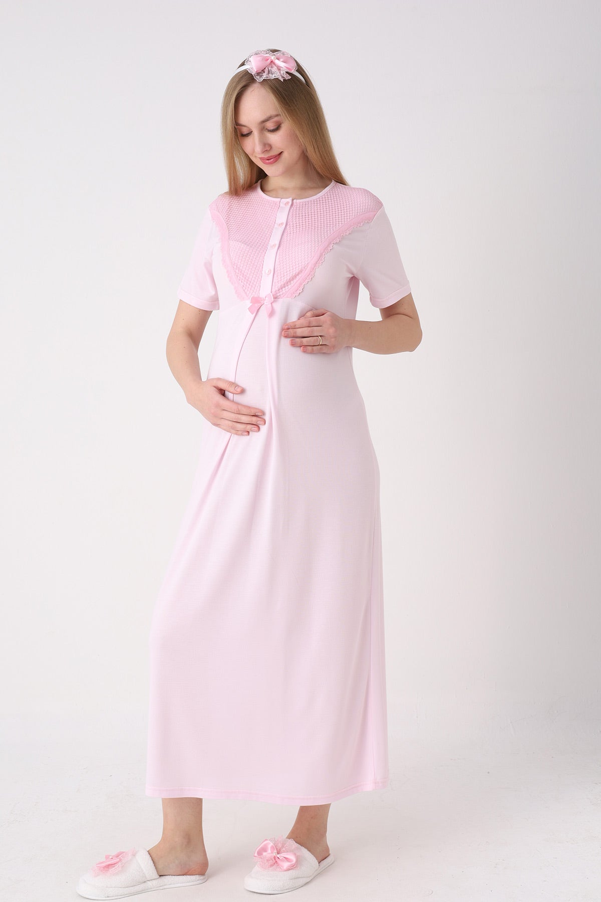 Guipure Collar Maternity-Nursing Nightgown & Patterned Robe Set Pink - 2329