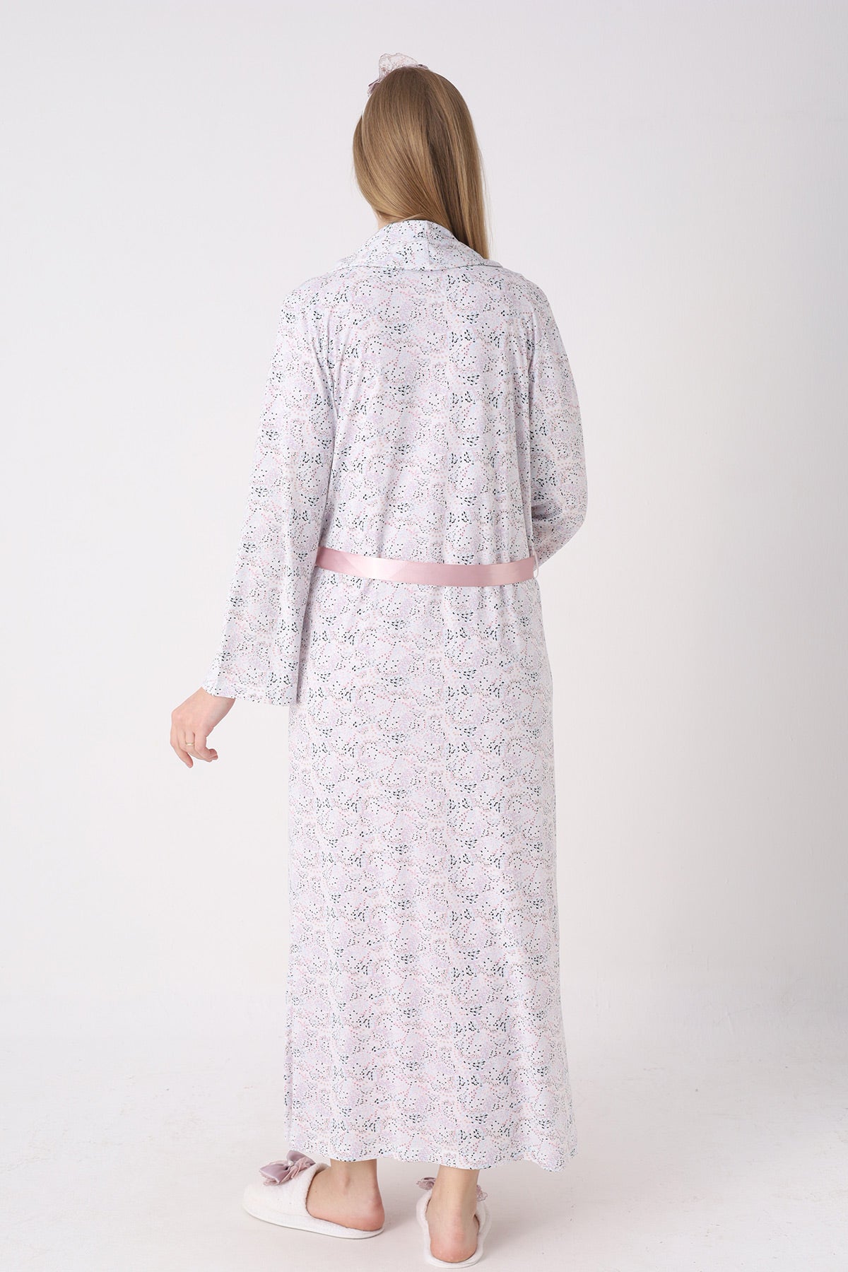 Guipure Collar Maternity-Nursing Nightgown & Patterned Robe Set Powder - 2329
