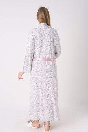 Guipure Collar Maternity-Nursing Nightgown & Patterned Robe Set Powder - 2329