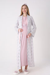 Guipure Collar Maternity-Nursing Nightgown & Patterned Robe Set Powder - 2329