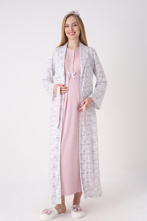 Guipure Collar Maternity-Nursing Nightgown & Patterned Robe Set Powder - 2329