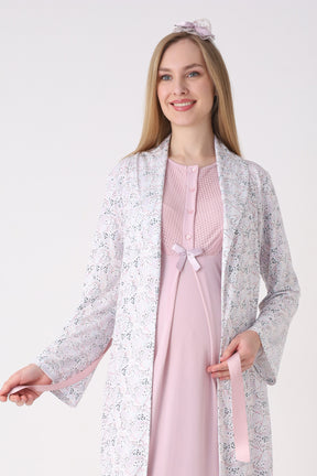 Guipure Collar Maternity-Nursing Nightgown & Patterned Robe Set Powder - 2329